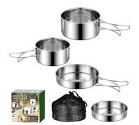 Spelonify Batterie de cuisine de camping en acier inoxydable, 4 pièces portable et pliable avec sac en maille, équipement de cuisine pour 2 à 3 personnes, argenté (ensemble de quatre pièces)