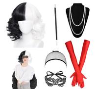 SPERMUOY Cruella Costume pour femme, perruque Cruella moitié noire demi-blanche perruque courte bouclée et bonnet de perruque, perruque Cruella noire et blanche, pour fête costumée, Halloween,