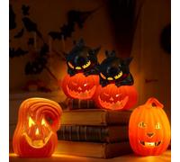 SPERMUOY Lot de 4 lanternes citrouilles décoratives pour Halloween - Décoration intérieure - Lanterne citrouille avec autocollant 3D - Décoration d'automne - Lanterne citrouille - Bougies pour