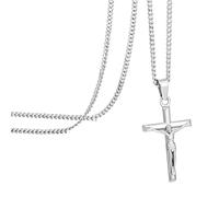 Speroto Collier hommes, Collier Crucifix Pendentif Croix, Jésus-Christ Pendentif pour hommes femmes, Acier inoxydable Croix d'argent Idées cadeaux pour ami 50cm cubaine chaîne