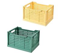Spesh 2 Pcs Boîtes de Rangement Pliable Caisses Rangement en Plastique Empilables Cagettes Pliantes Pliable pour Cuisine, Salon, Chambre à Coucher (vert foncé+jaune)