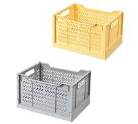 Spesh 2 Pcs Boîtes de Rangement Pliable Caisses Rangement en Plastique Empilables Cagettes Pliantes Pliable pour Cuisine, Salon, Chambre à Coucher (Gris+jaune)