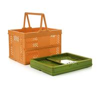 Spesh Lot de 2 Panier Pliable Plastique 24cm*18cm Caisses Pliable Enfant avec Poignée Panier de Rangement pour Pique-nique,Shopping,Camping(orange+vert)
