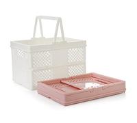 Spesh Lot de 2 Pliable Caisse en Plastique 24cm*18cm Caisse Pliable Enfant avec Poignée Panier de Rangement pour Pique-nique,Shopping,Camping(blanc+rose)