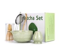 Spesh Lot de 5 Matcha Set Ensemble Matcha Traditionnel Service à thé Japonais avec Matcha Fouet(Chasen), Bol, Cuillère (Chashaku), Support de Fouet à Matcha, Tamis Inox(Vert Matcha)