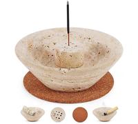 SPESHSTONES Porte-encens en marbre de 14 cm fait à la main rond en travertin pour Palo Santo, cônes, sauge et bâtons d'encens - Cendrier en pierre idéal pour table, chambre et décoration d'intérieur