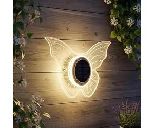 Spetebo Applique murale solaire LED papillon transparente - 25 cm - Applique murale décorative blanc chaud pour l'extérieur - Éclairage mural de jardin - Lampe d'ambiance - Lumière de jardin