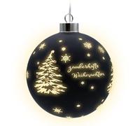 Spetebo Boule de Noël à LED en verre à suspendre - Noir mat - Avec minuterie - 12 cm - Boule décorative blanche chaude - Fonctionne avec piles - Lumière d'ambiance élégante et élégante