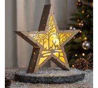 Spetebo Étoile de Noël LED en bois 30 cm - Motif : forêt - Présentoir décoratif blanc chaud éclairé - Noël, Avent, hiver, table, éclairage de table à piles