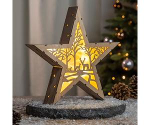 Spetebo Étoile de Noël LED en bois 30 cm - Motif : forêt - Présentoir décoratif blanc chaud éclairé - Noël, Avent, hiver, table, éclairage de table à piles