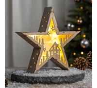 Spetebo Étoile de Noël LED en bois 30 cm - Motif : maison - Présentoir décoratif blanc chaud éclairé - Noël Avent hiver étoile de table Éclairage décoratif à piles