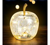 Spetebo Lampe de table à LED en verre craquelé en forme de pomme - 11 cm - Transparent - Décoration fruit en verre brisé - Lampe de table avec guirlande lumineuse métallique - Fonctionne avec piles et