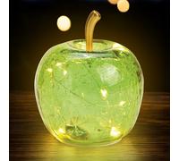 Spetebo Lampe de table LED en verre craquelé - En forme de pomme - 11 cm - Vert - Décoration fruit - Aspect verre brisé - Avec guirlande lumineuse métallique - Fonctionne avec piles et minuterie