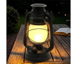 Spetebo Lanterne tempête solaire vintage noire à suspendre et à poser - 24 x 15 cm - Lanterne LED rétro design pour l'extérieur - Lampe solaire tempête lampe de jardin à suspendre - Lampe de table