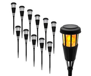Spetebo Lot de 12 torches de jardin solaires à LED, aspect rotin, 48 x 10 cm, avec effet vacillant, éclairage décoratif de jardin, piquet de parterre, lampe de chemin avec effet flamme