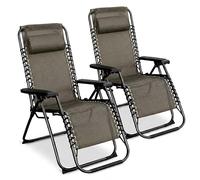 Spetebo Lot de 2 fauteuils de relaxation avec coussin en tissu textile - 175 x 65 cm - Gris/marron - Chaise de jardin avec dossier et repose-pieds réglables - Chaise longue de jardin à dossier haut