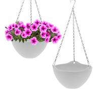 Spetebo Lot de 2 pots de fleurs suspendus blancs avec structure rainurée - 25 cm - En plastique avec drainage et chaîne en métal - Décoration de jardin