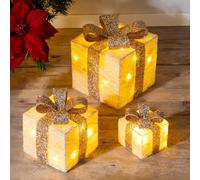 Spetebo - Lot de 3 boîtes cadeaux LED avec minuterie - Couleur : crème - Éclairage décoratif en blanc chaud - Pour Noël, l’avent, l’hiver, le sapin de Noël - Fonctionnent avec piles