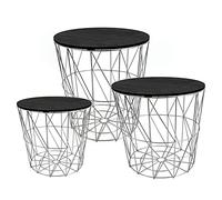 Spetebo Lot de 3 tables d'appoint en métal avec espace de rangement - Argenté/noir - Table de salon avec plateau en bois amovible - Panier en métal - Table basse