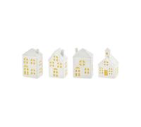 Spetebo Maison en céramique LED blanc 11 cm - Lot de 4 - Décoration de village de Noël avec éclairage en blanc chaud - Figurine de maison d'hiver pour décoration de table de Noël