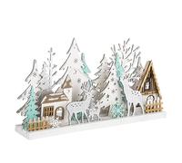 Spetebo Paysage d'hiver en bois 30 cm éclairé - 15 LED blanc chaud - Décoration de fenêtre de Noël - Silhouette de maison d'hiver