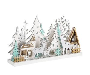 Spetebo Paysage d'hiver en bois 30 cm éclairé - 15 LED blanc chaud - Décoration de fenêtre de Noël - Silhouette de maison d'hiver