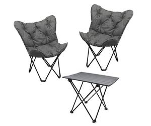 Spetebo Salon de camping avec table pliante en aluminium avec 2 sacs - 3 pièces - Ensemble de table de jardin avec 2 chaises papillon jusqu'à 110 kg - Fauteuil de salon d'extérieur pliant + table