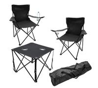 Spetebo Salon de camping noir 1 table + 2 chaises avec supports pour boissons intégrés - 3 pièces - Ensemble de table de jardin avec chaises pliantes jusqu'à 100 kg - Chaise pliable pour pêcheur
