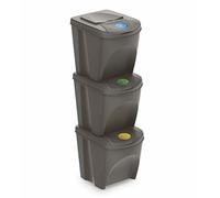 Spetebo Sortibox Lot de 3 poubelles avec couvercle, 25 l, gris pierre, système de tri des déchets empilable, avec rabat