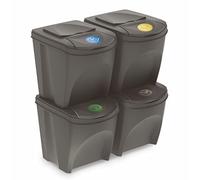 Spetebo Sortibox Lot de 4 poubelles avec couvercle, 25 l, gris pierre, système de tri des déchets empilable, avec rabat