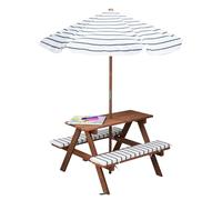 Spetebo Table de pique-nique en bois à partir de 2 ans avec parasol et coussins - 75 x 75 cm - Ensemble de jardin pour enfants résistant jusqu'à 80 kg - Ensemble de sièges en bois pour jardin