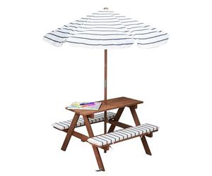 Spetebo Table de pique-nique en bois à partir de 2 ans avec parasol et coussins - 75 x 75 cm - Ensemble de jardin pour enfants résistant jusqu'à 80 kg - Ensemble de sièges en bois pour jardin