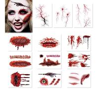 Spetsbst Lot de 12 feuilles de tatouages pour Halloween, le visage, les cicatrices sanglantes, réalistes, les plaies, le carnaval, les zombies, le cadavre de vampire - Costume de maquillage pour femme