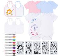 Spetsbst Lot de 27 bavoirs pour bébé à peindre, body à peindre pour fête prénatale, avec 4 bodies à manches courtes en coton double face, 4 bavoirs avec 14 stylos textiles de couleur, 5 pochoirs de