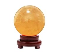 SphèRe en Cristal de Quartz Jaune Naturel Et Calcite Sculpture en Pierre PréCieuse avec Socle en Bois pour la Décoration des Chakras Reiki Fengshui(8cm)