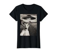 Sphynx Chat Selfie avec Alien Ship UFO Abduction Photo Rétro T-Shirt Graphique avec Valeur, Femme, Noir, S