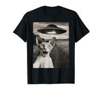 Sphynx Chat Selfie avec Alien Ship UFO Abduction Photo Rétro T-Shirt Graphique avec Valeur, Homme, Noir, M
