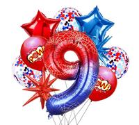 Spider Ballon 9 Ans Anniversaire Numero 9 Ballon, 10 Pièces Spider Ballons en Aluminium Étoile Confettis Latex Ballons Anniversaire 9 Ans pour Halloween Célébrations Fête