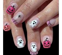 Spiders Web Pumpkin Press On Nails Short Square Halloween Abs Faux Nails Durability Party For Women Parties Black Blanc Rose Halloween Nail