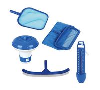 SPIDO Kit d’Entretien Piscine 5 Pièces - Epuisette de Surface, Epuisette de Fond, Brosse de Paroi, Diffuseur de Chlore et Thermomètre - Kit de Nettoyage pour Piscine