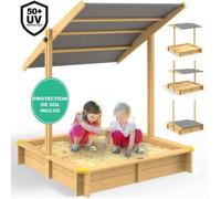 SPIELWERK® Bac à sable en bois SAMU 120x120cm tapis de sol toit réglable protection UV 50+ jeu pour enfants extérieur jardin