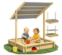 SPIELWERK® Bac à sable en bois SAMU 120x120cm tapis de sol toit réglable protection UV 50+ jeu pour enfants extérieur jardin