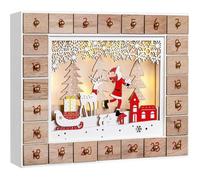 Spielwerk® Calendrier de l'Avent en bois réutilisable 'Père Noël et son traîneau' 24 tiroirs à remplir LED Blanc chaud 3D Déco Noël