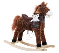SPIELWERK® Cheval à Bascule avec étriers Selle en Peluche Ceinture de sécurité Entraînement équilibre Fonction sonore Nounours