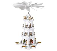 Spielwerk Pyramide de Noël en Bois véritable Blanc Peint à la Main 12 hélices 6 bougeoirs décoratifs Figurines 4 étages noël Personnage de Noël fête