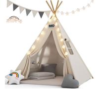 Spielwerk® Tipi enfant Blanc Neige avec tapis Tente de jeu Enfants Guirlande lumineuse Tapis de jeu 3 coussins Chambre d'enfant