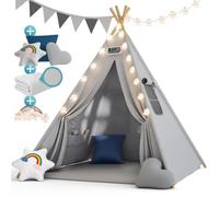 Spielwerk® Tipi enfant Gris Perle avec tapis Tente de jeu Enfants Guirlande lumineuse Tapis de jeu 3 coussins Chambre d'enfant