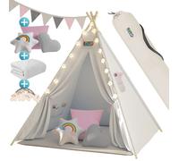 Spielwerk® Tipi Enfant Rose avec Tapis Tente de Jeu Enfants Guirlande Lumineuse Tapis de Jeu 3 Coussins Chambre d'enfant