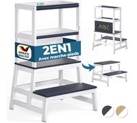 Spielwerk® Tour d'Observation Montessori Anthracite Enfant Dès 18 Mois - Chaise Haute Bébé Jouet Bebe 1 an - Cuisine Enfant - Bois de Pin Véritable Sécurisé avec Tableau Noir