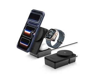 Spigen Essential Qi2.2 25W Chargeur sans Fil MagSafe 3-en-1 (Inclus Un câble USB-C de 2 m) Station de Charge pour iPhone 17/16/15/14/13 Pro/Max/Air, Pixel 10 Pro XL/Buds, AirPods, Apple Watch - Noir